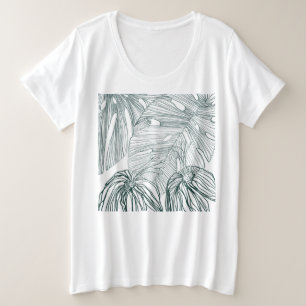 Camiseta folhas de monstera verde-escura e lírios contorno
