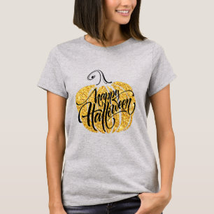 Camiseta Folhas de Ouro de Abóbora Halloween com gravação c