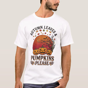 Camiseta Folhas de Outono Abóboras Por Favor Morcegos de Ha