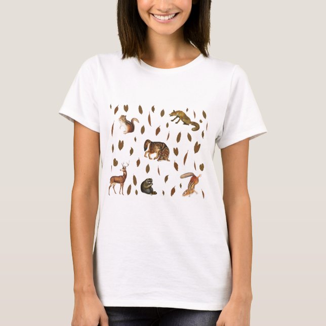 Camiseta Folhas de outono de Animais Florestais (Frente)