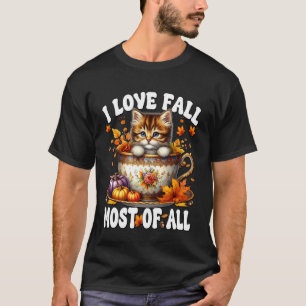 Camiseta Folhas de Outono e Gatinho para Mãe de Gato Eu Amo