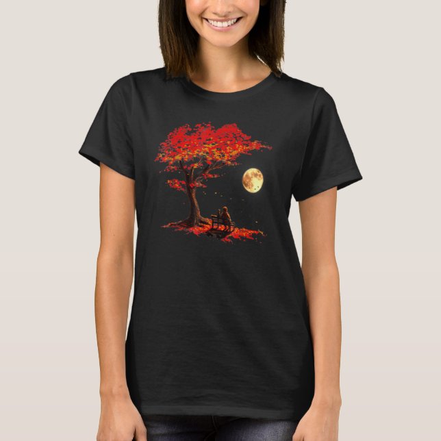 Camiseta Folhas de Outono Lua Astronauta Com Gato Espaço Ex (Frente)