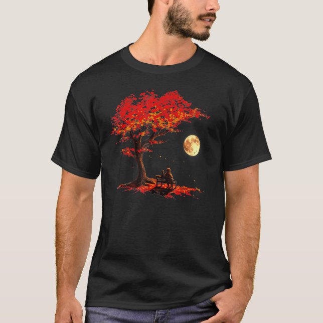 Camiseta Folhas de Outono Lua Astronauta Com Gato Espaço Ex (Frente)