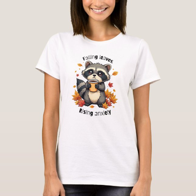 Camiseta Folhas e Ansiedade - Cute Raccoon com Café (Frente)