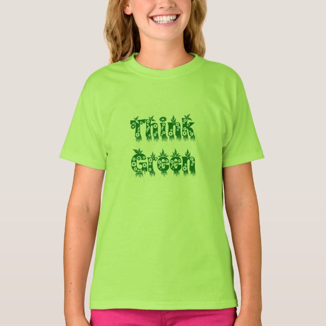Camiseta Folhas e flores "Pense verde" (Frente)