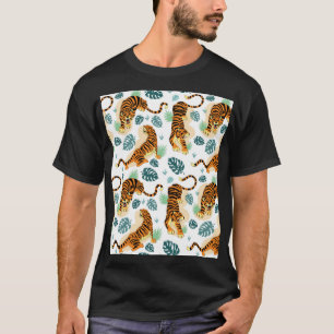 Camiseta Folhas Tropicais de Tigres: Ilustração Vintage.