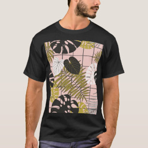 Camiseta Folhas tropicais, flores, padrão pintado à mão.