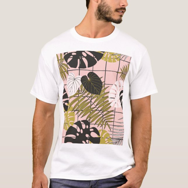 Camiseta Folhas tropicais, flores, padrão pintado à mão. (Frente)