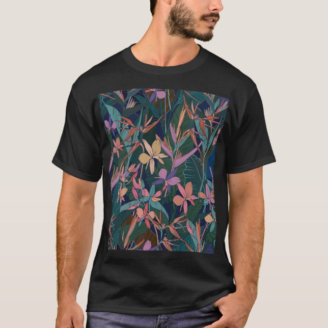 Camiseta Folhas tropicais, flores: vintage forrada. (Frente)