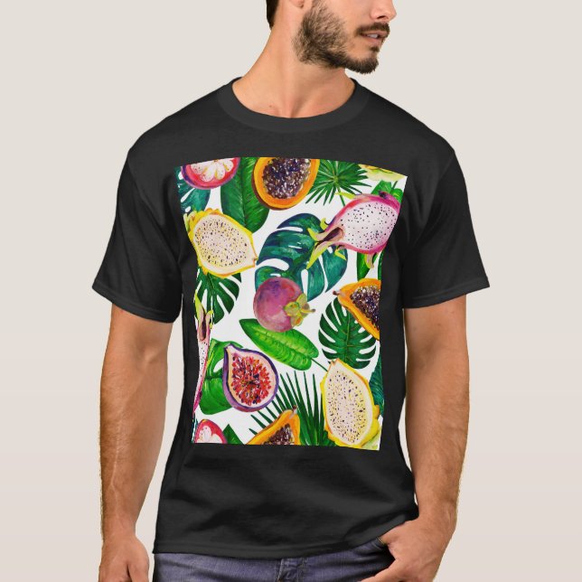 Camiseta Folhas tropicais, frutas, padrão sem costura de gu (Frente)