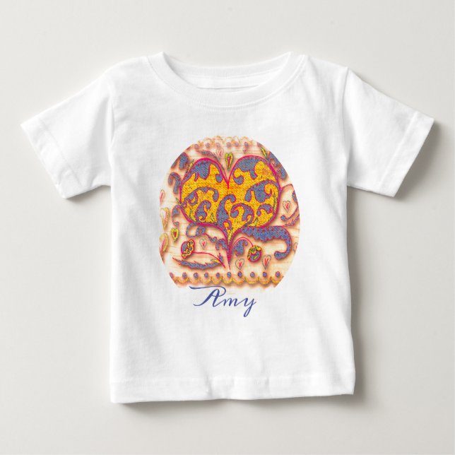 Camiseta Folk Art Heart com folhas, flores e nome (Frente)