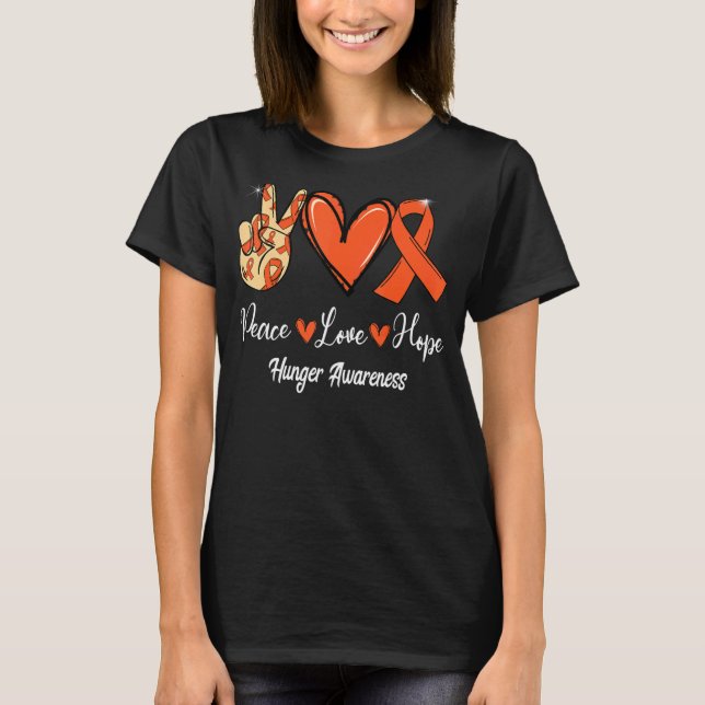 Camiseta Fome Consciência Paz Amor Esperança Fita Laranja (Frente)