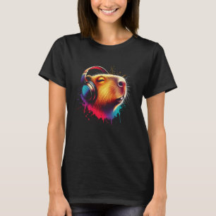 Camiseta Fone de ouvido legal Capybara Música de Arte, Nata
