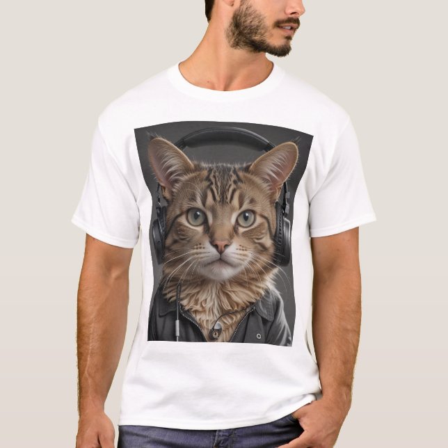 Camiseta fone de ouvido vestido por gato (Frente)