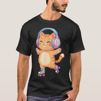 Camiseta Fones de Ouvido Música Gato Tabby Patinação Kawaii