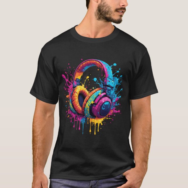 Camiseta Fones de Ouvido Neon Splash Arte (Frente)