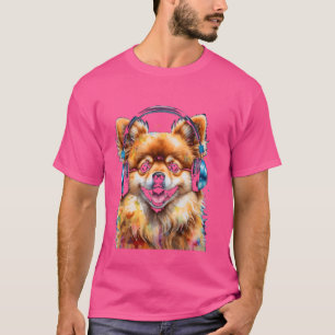 Camiseta Fones de ouvido Pomeranianos Cão Engraçado Impress