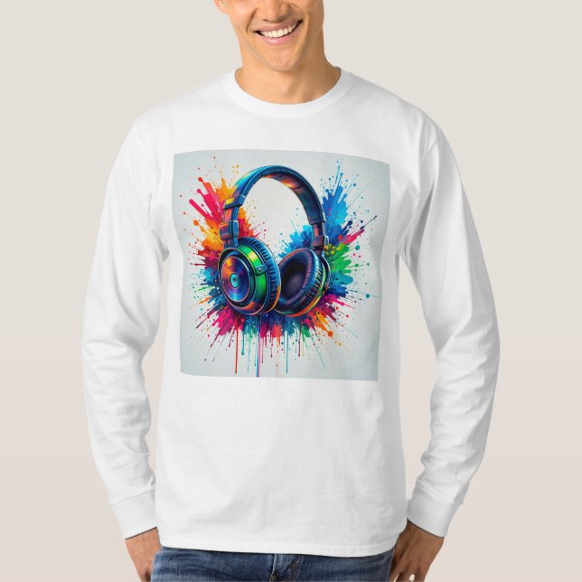 Camiseta Fones de Ouvido Vibrantes Contra Salpicos de Cores (Frente)