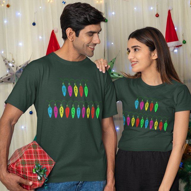 Camiseta Fonte das Luzes de Natal Feliz e Colorida (Colorful Merry Christmas Lights Font T-Shirt)