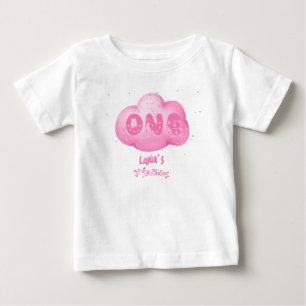 Camiseta Fonte de Gato Fofo Nuvem Rosa Aquarela 1º Aniversá