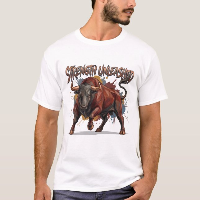 Camiseta Força Desencadeada Touro de Carga Design Gráfico (Frente)