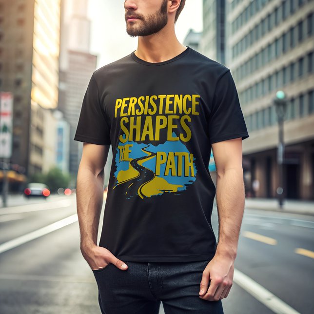 Camiseta Formate o seu destino - Tipografia do caminho venc (a man wearing a motivational t-shirt with a quote and graphic printed on it)