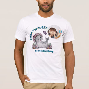 Camiseta Foto Colorida de Leão-Marinho Floral Fofa de Anive