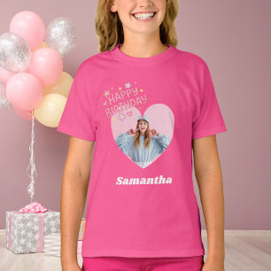 Camiseta Foto coração nome aniversário menina rosa