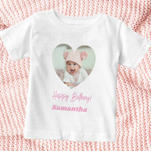 Camiseta Foto coração nome aniversário menina rosa