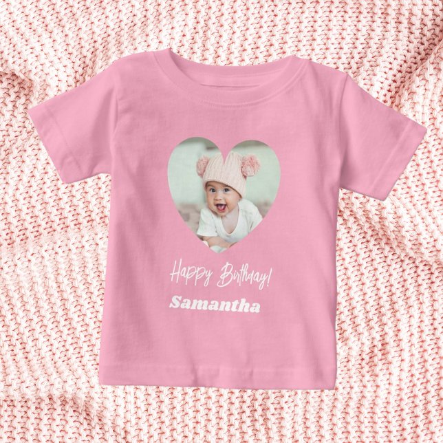 Camiseta Foto coração nome aniversário menina rosa (Criador carregado)