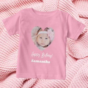 Camiseta Foto coração nome aniversário menina rosa