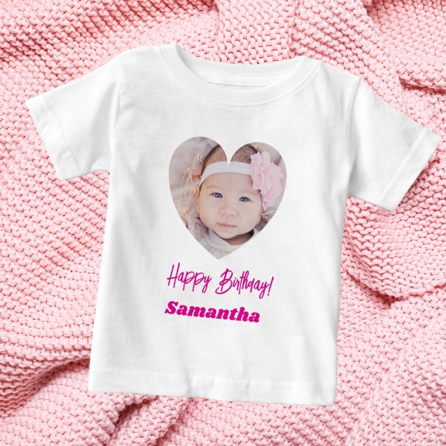 Camiseta Foto coração nome aniversário menina rosa (Criador carregado)