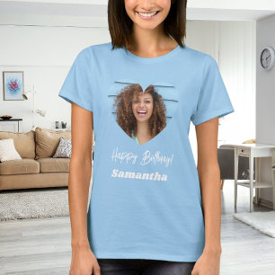 Camiseta Foto coração nome aniversário mulher azul