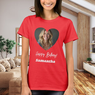 Camiseta Foto coração nome aniversário mulher vermelha