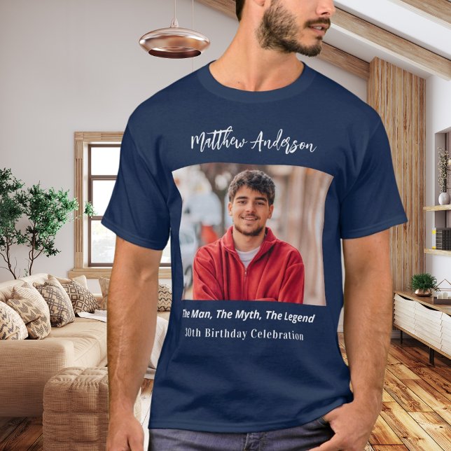 Camiseta Foto de aniversário homem mito lenda nome azul div (Criador carregado)