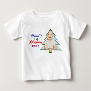 Camiseta Foto de Árvore Fofa Menino Bebê 1º Natal