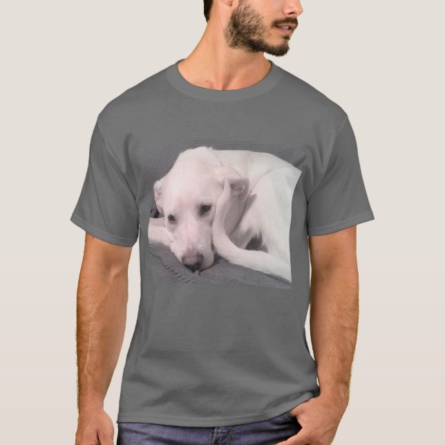 Camiseta Foto de Cachorro Branco Cute com Cinza Curvy Tail (Frente)