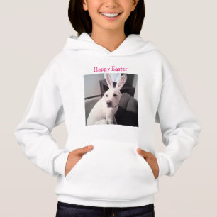 Camiseta Foto de Cachorro Branco Vestindo Ouvidos Coelhinho
