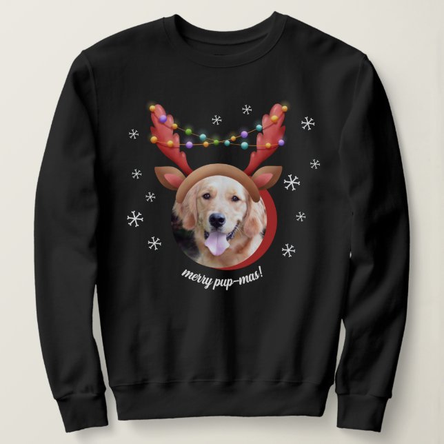 Camiseta Foto de cão com Reindeer Antler Hat Feliz Natal (Frente do Design)
