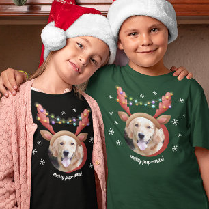 Camiseta Foto de cão com Reindeer Antler Hat Feliz Natal