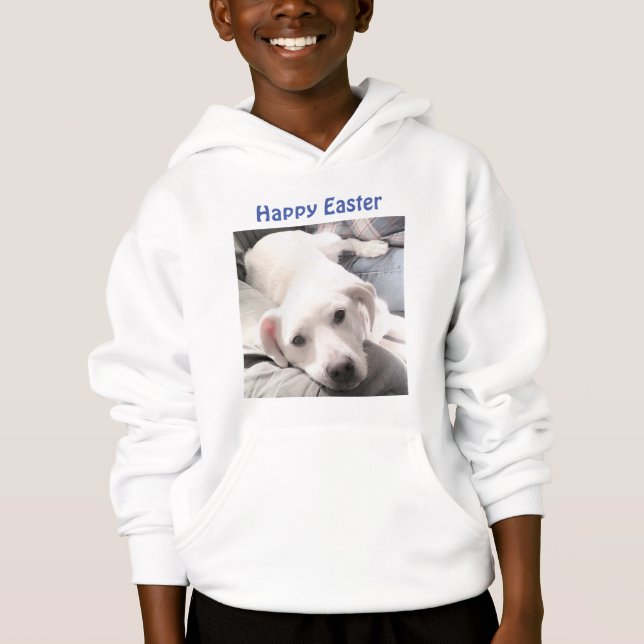 Camiseta Foto de Páscoa de Cachorro Branco e Bonito Azul (Frente)