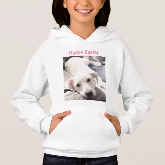 Camiseta Foto de Páscoa de Cachorro Branco e Bonito, rosa, (Frente)