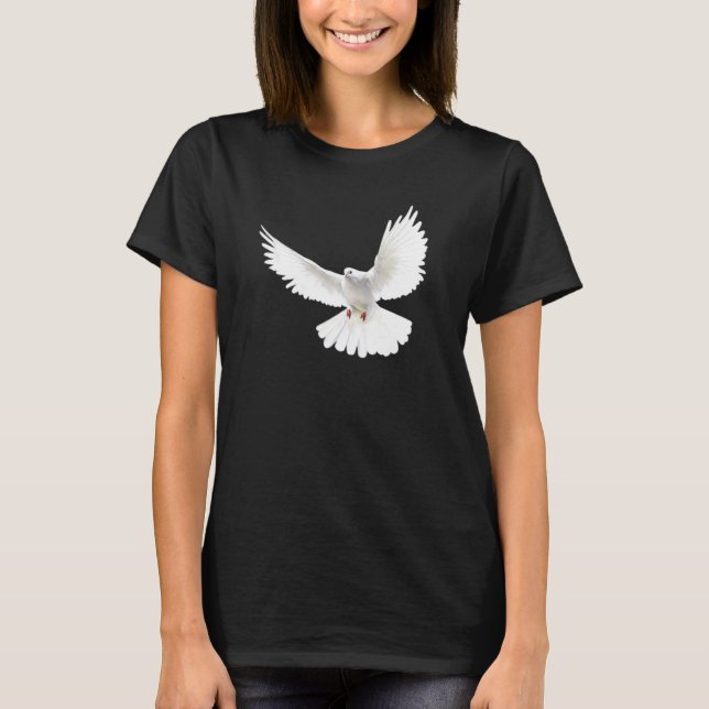 Camiseta Foto de uma bela pomba branca, pacífica e voadora, (Frente)