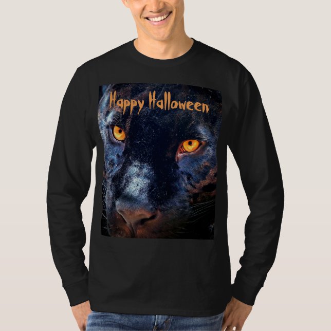 Camiseta Foto Panther Black Cat Eyes Orange Halloween (Frente)