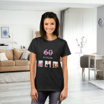 Camiseta Foto personalizada de 60 anos - mulher rosa monogr<br><div class="desc">Para um aniversário de 60 anos como presente ou para a festa. Uma colagem de 3 fotos de seus próprios amigos,  família,  interesses ou animais de estimação. Personalize e adicione seu nome,  60 anos e uma data. Data de nascimento ou data da festa de aniversário. Letras cor-de-rosa e branca.</div>