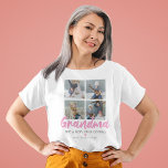 Camiseta Foto personalizada vovó 4<br><div class="desc">Procurando um presente único para uma avó especial, então esta t-shirt personalizada da nana é perfeita! Apresentando a palavra "vovó" em uma letra de escrita rosa-na moda, uma citação engraçada da avó, um coração amoroso, 4 fotos dos grandiosos e seus nomes. Dica da foto: recorte as fotos em quadrados antes...</div>