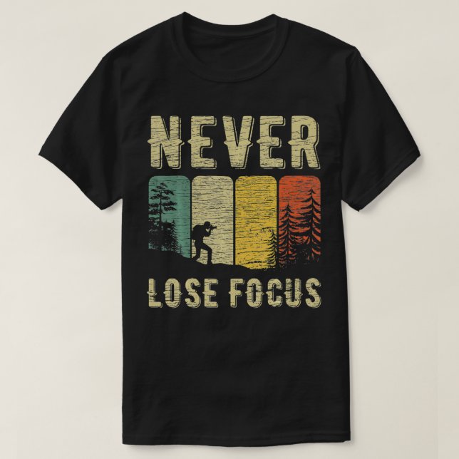 Camiseta Fotografia da câmera com foco no Perder nunca retr (Frente do Design)