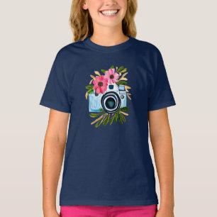 Camiseta Fotografia Personalizada Câmera Antiga Flores