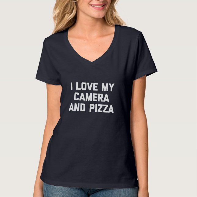 Camiseta Fotógrafo Engraçado Eu Amo Minha Câmera E Pizza (Frente)