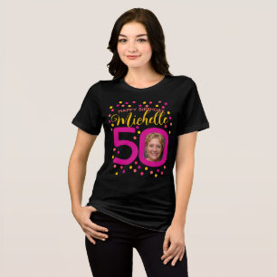 Camiseta Fotos de 50 anos pontos de confete amarelo rosa